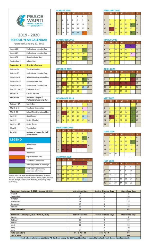 PEACE WAPITI School Calendar 